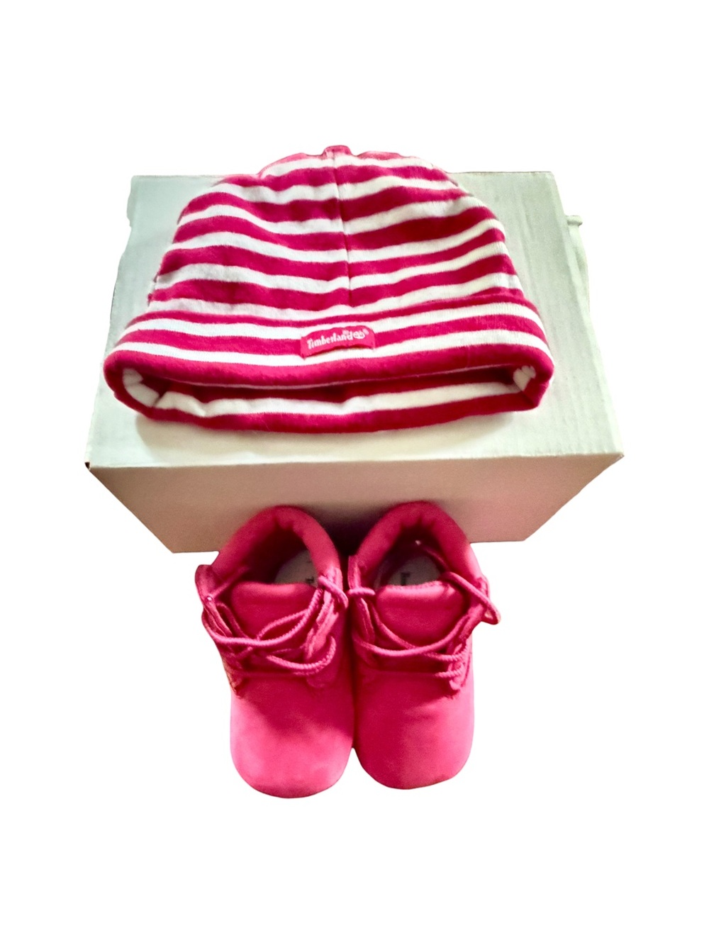 NWOB Timberland Pink Baby Boots and Pink and White Striped Beanie